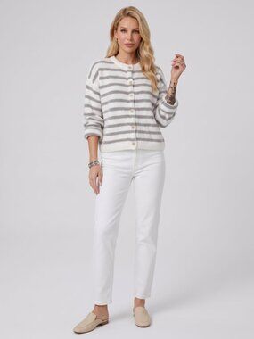 Women's Gray White Wool Striped Cardigan Sweater Button Front Casual Knit